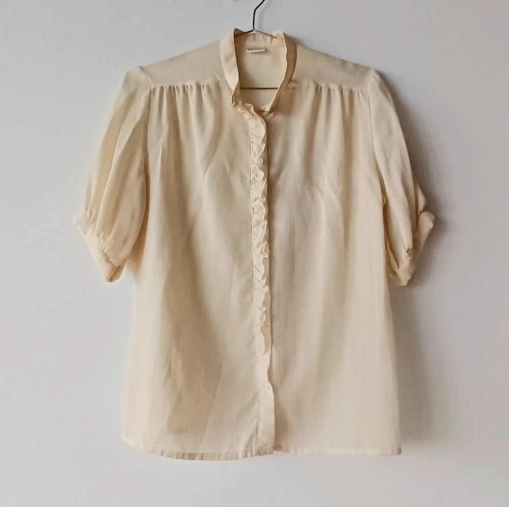 Vintage Erra Virgin Wool Cream Ruffle Button-Up Blouse German - Picture 1 of 2